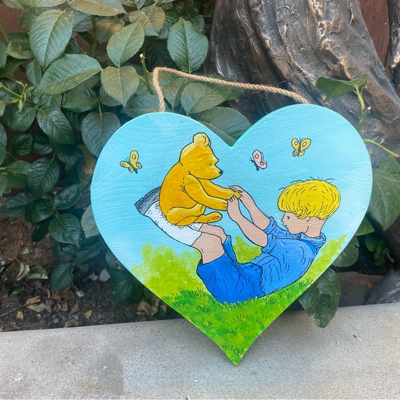 Winnie The Pooh and Christopher Robin Playing Hand Painted Acrylic on Wood - Picture 5 of 9